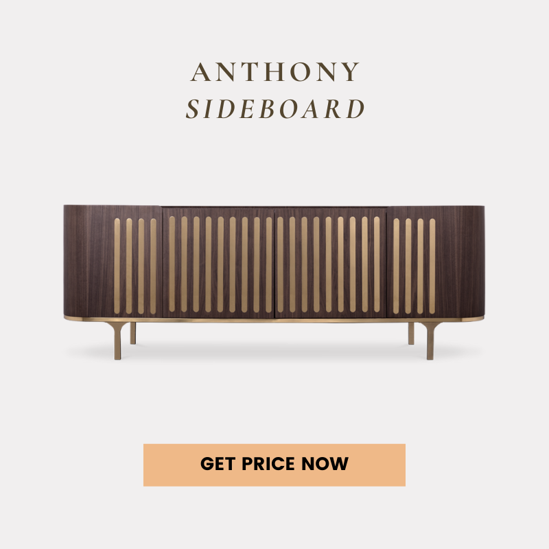 Anthony Sideboard in dark wood with vertical brass details.