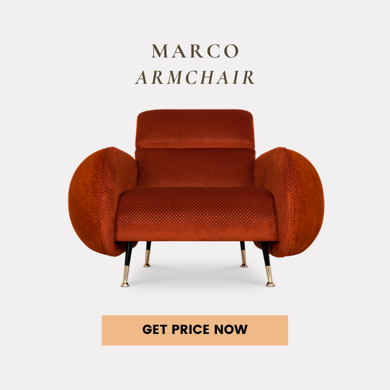 Marco Armchair in rust-orange velvet on a white background.