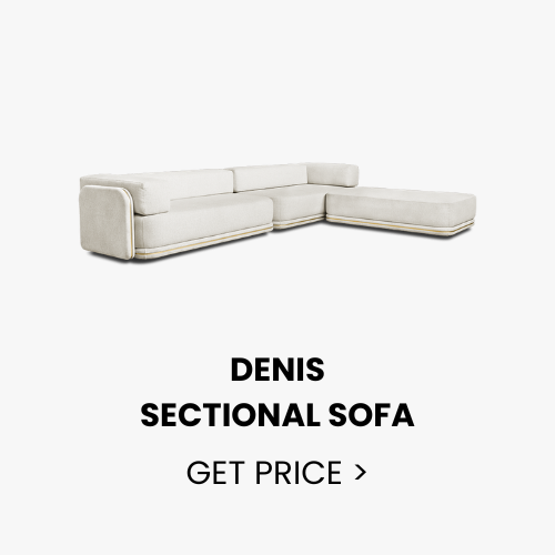 Denis Sectional Sofa in beige fabric with gold trim.