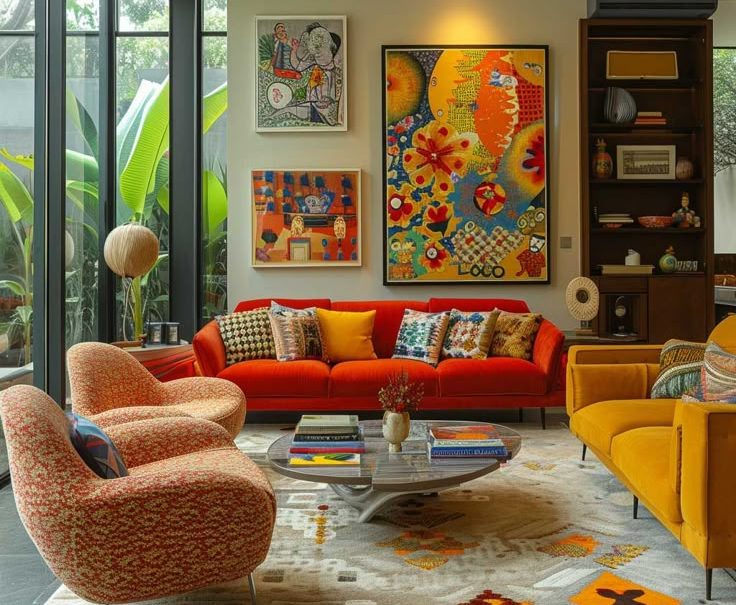 Vibrant living room filled with colorful artwork, a red sofa, yellow couch, and patterned armchairs around a coffee table. mid-century modern