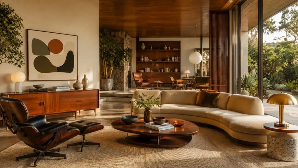Mid-century modern living room with a curved beige sofa, dark leather lounge chair, wooden sideboard, and warm lighting.mid-century modern