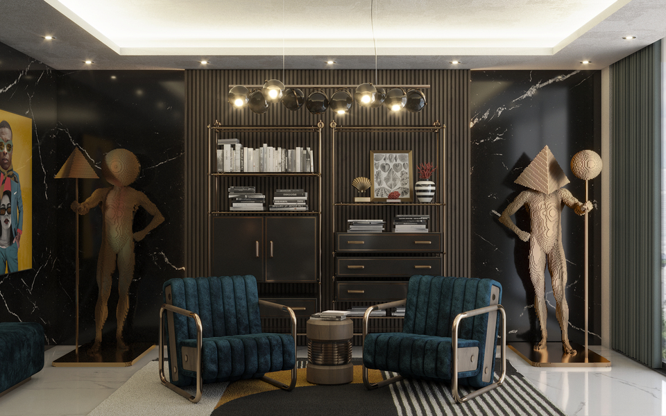 Dark luxury room with black marble walls, deep blue armchairs, brass lighting, and unique sculptural floor lamps. mid-century modern