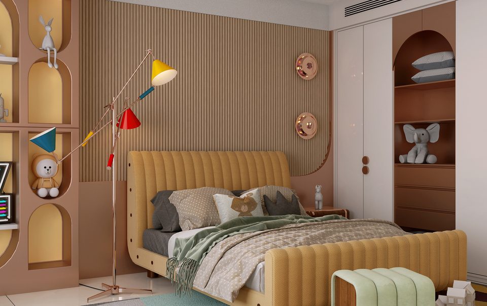 Cozy modern kids' bedroom with a ribbed yellow bed frame, colorful floor lamp, and soft neutral decor. mid-century modern