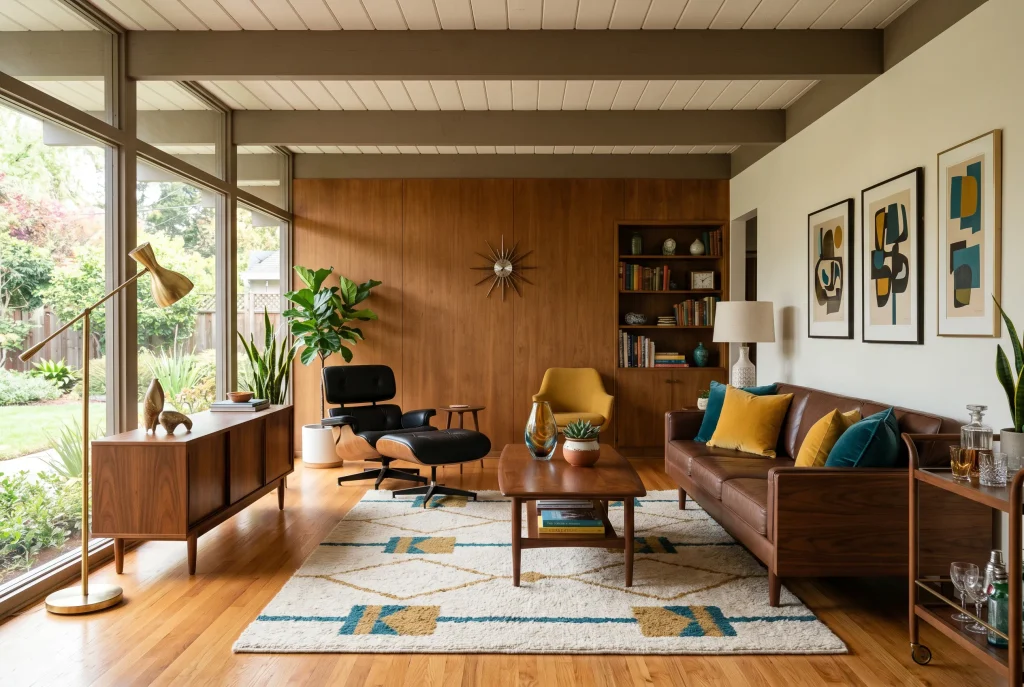 Mid-century modern living room with a brown leather sofa, wooden paneling, starburst clock, and a classic lounge chair. mid-century modern